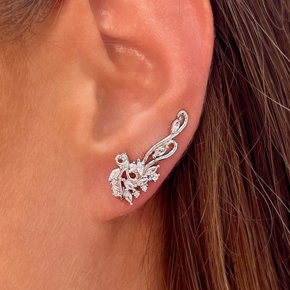 Lotus Ear Climbers With Cz Diamonds - Sterling Silver 925